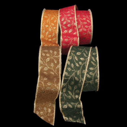 Gold Glitter Leaf Print Fabric Wired Craft Ribbon 2.5" x 20 Yards - IMAGE 1