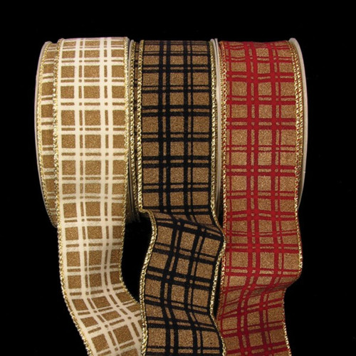 Red Velvet with Gold Glitter Plaid Wired Craft Ribbon 2" x 40 Yards - IMAGE 1
