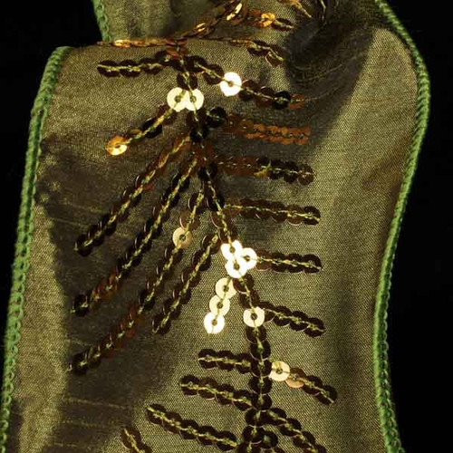 Forest Green and Gold Milfoil Leaf Sequined Wired Craft Ribbon 4" x 10 Yards - IMAGE 1