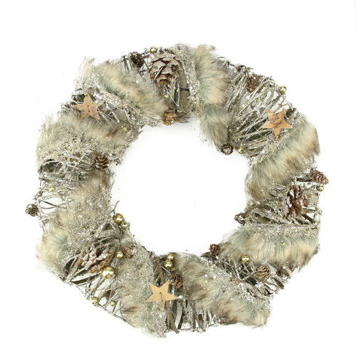 Brown Rustic Style Faux Fur Trimmed Glittered Christmas Wreath - 13.5-Inch, Unlit - IMAGE 1