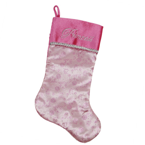 21" Pink and Silver Glittered Princess Christmas Stocking with Cuff - IMAGE 1