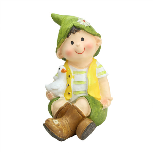 7" Young Boy Gnome Sitting with Duck Spring Outdoor Garden Figure - IMAGE 1