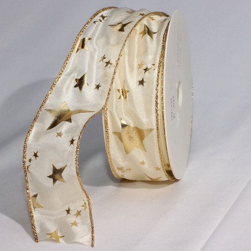 White and Gold Star Printed Wired Craft Ribbon 1.5" x 27 Yards - IMAGE 1