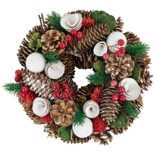 White Wooden Rose, Pine Cone and Berry Artificial Christmas Wreath, 10-Inch, Unlit - IMAGE 1