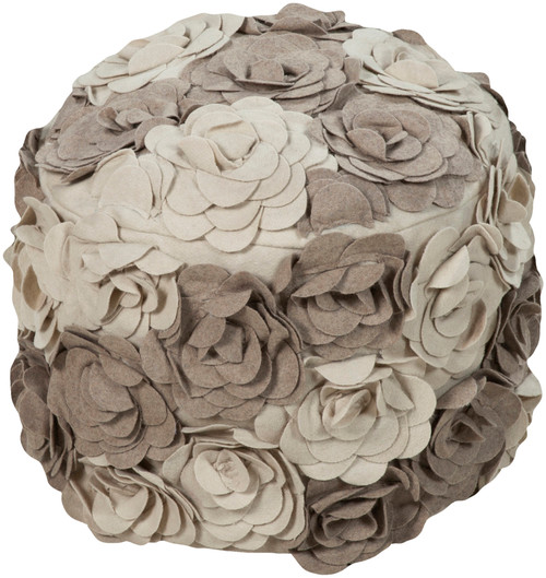 18" Ivory and Taupe Gray Posy Roses Wool Round Pouf Ottoman - IMAGE 1