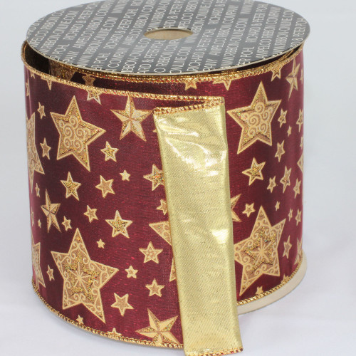 Burgundy and Gold Star Print Wired Craft Ribbon 5" x 20 Yards - IMAGE 1
