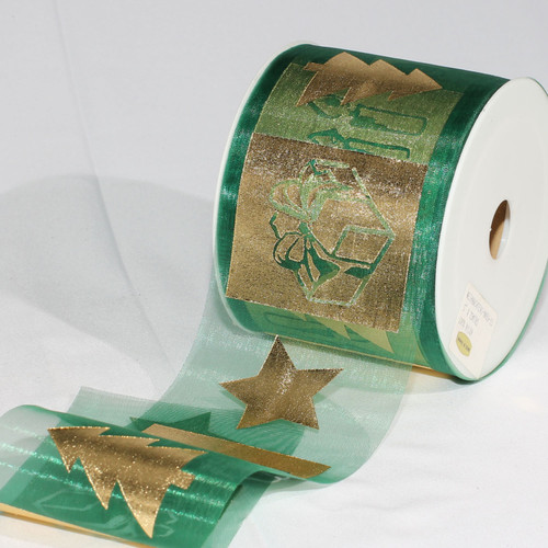 Hunter Green and Gold Colored German Christmas Print Organza Craft Ribbon 3" x 27 Yards - IMAGE 1