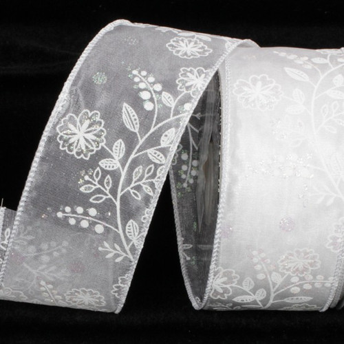 Shimmering White Pale Flower Wired Craft Ribbon 2" x 40 Yards - IMAGE 1