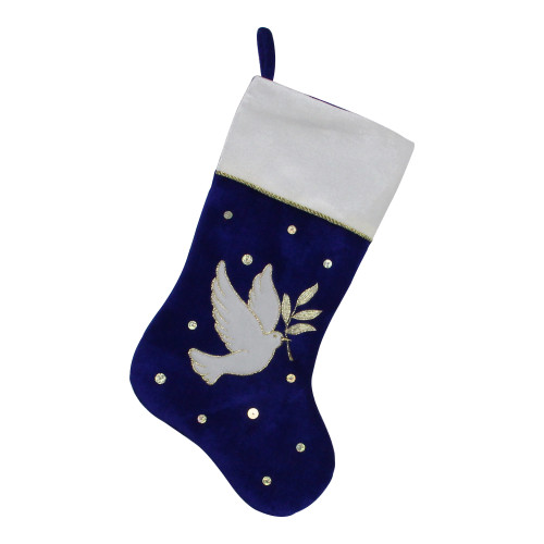 20.5" Royal Blue and White Velvet Dove with Olive Branch Christmas Stocking - IMAGE 1