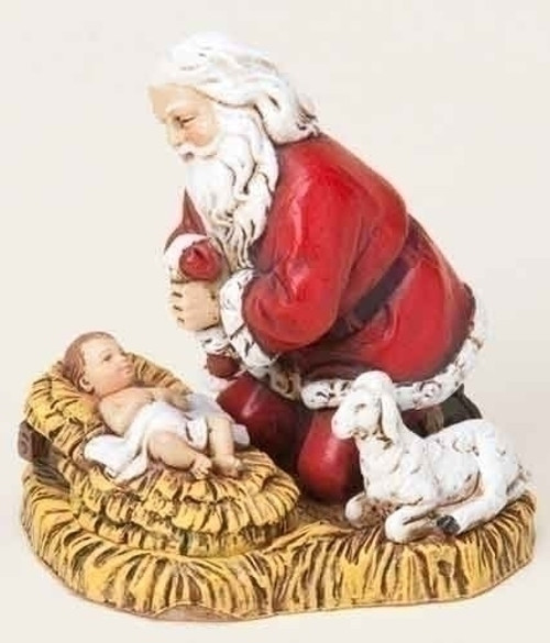 2.75" Red, White, and Black Kneeling Santa and Baby Jesus Christmas Ornament - IMAGE 1