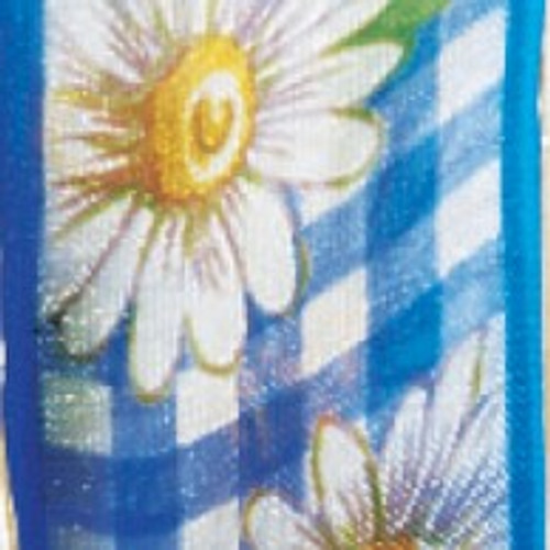 Sheer Blue and White Daisy Print Plaid Wired Craft Ribbon 1" x 22 Yards - IMAGE 1