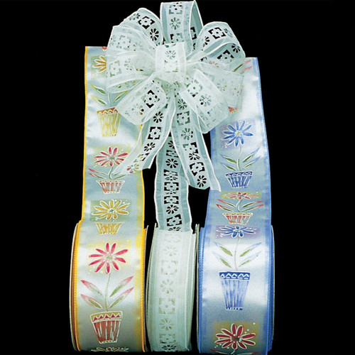 White Embossed Flowers Wire Craft Ribbon 1.5" x 40 Yards - IMAGE 1