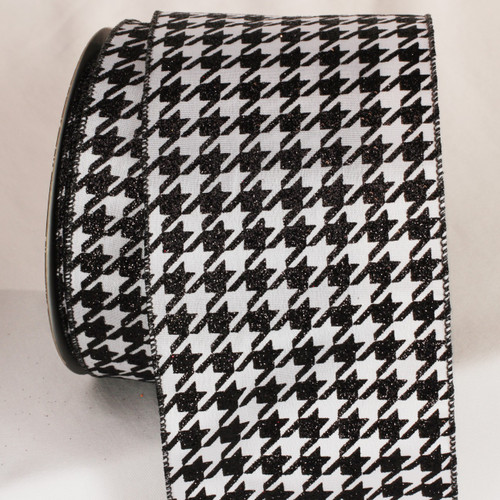 Sparkling Black and White Hounds tooth design Wired Craft Ribbon 4" x 20 Yards - IMAGE 1