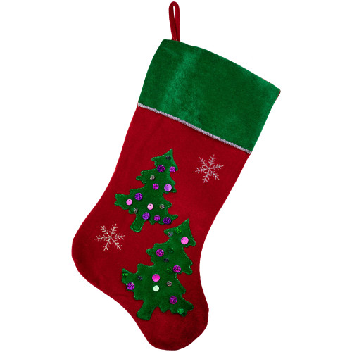 20" Red Velveteen Sequined Christmas Tree Stocking with Green Cuff - IMAGE 1