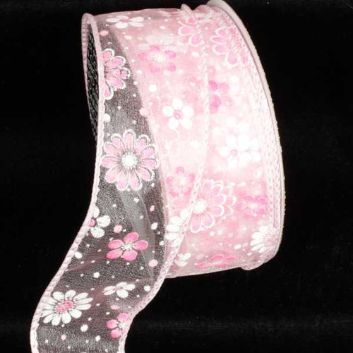 Pink Gerbera Daisy Wired Craft Ribbon 1.5" x 40 Yards - IMAGE 1