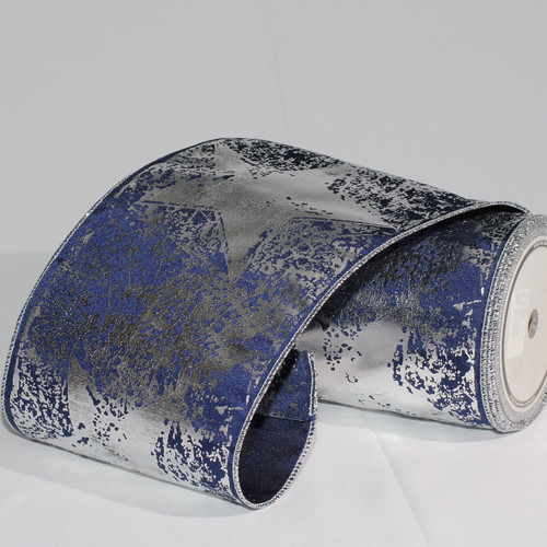 Navy Blue and Silver Star Wired Craft Ribbon 6" x 20 Yards - IMAGE 1