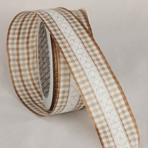 Brown and White Wired Craft Ribbon 1.5" x 16 Yards - IMAGE 1