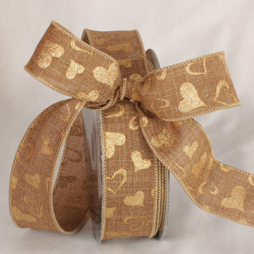 Light Brown and Gold Valentine Day Wired Craft Ribbon 1.5" x 40 Yards - IMAGE 1