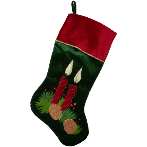 20" Dark Green and Burgundy Candle and Pine Cone Velveteen Christmas Stocking - IMAGE 1