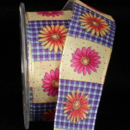 Blue and Pink Gingham Country Flower Printed Wired Craft Ribbon 1.5" x 27 Yards - IMAGE 1