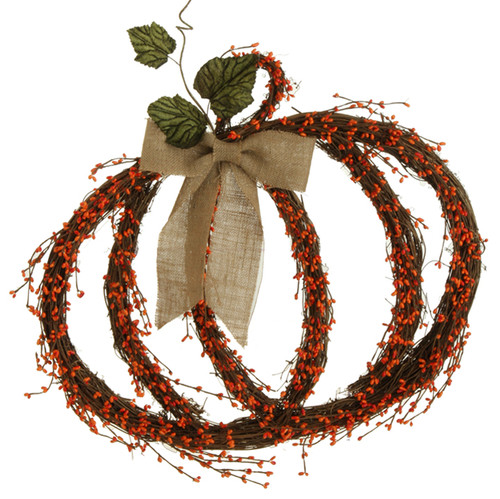 25" Brown and Orange Twig Pumpkin with Burlap Bow Autumn Wall Decoration - IMAGE 1
