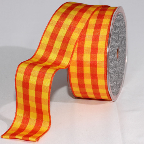 Yellow and Orange Gingham Wired Woven Edge Craft Ribbon 1.5" x 27 Yards - IMAGE 1