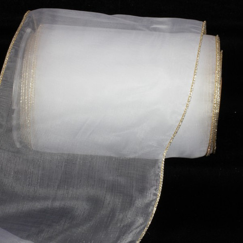 Sheer Snow White and Gold Wired Craft Ribbon 6" x 27 Yards - IMAGE 1