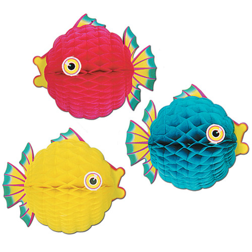 Club Pack of 12 Blue and Yellow Honeycomb Tissue Tropical Bubble Fish Hanging Decorations 12" - IMAGE 1