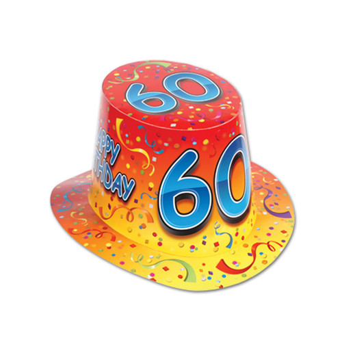 Club Pack of 25 Orange and Yellow ''Happy 60 Birthday'' Hi-Hats - IMAGE 1