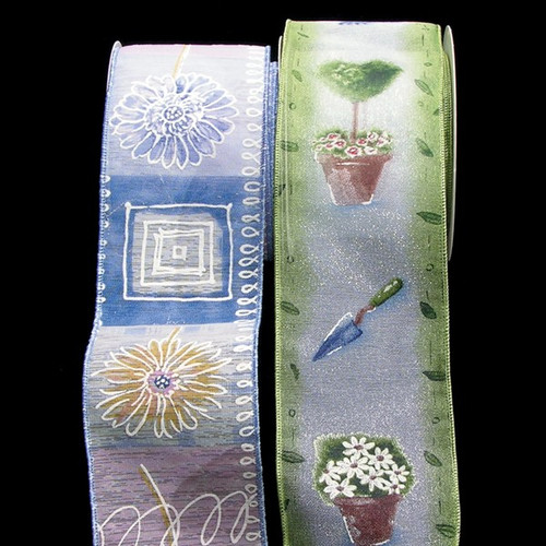 Blue and Green Floral Garden Deli Print Wired Craft Ribbon 2.5" x 20 Yards - IMAGE 1