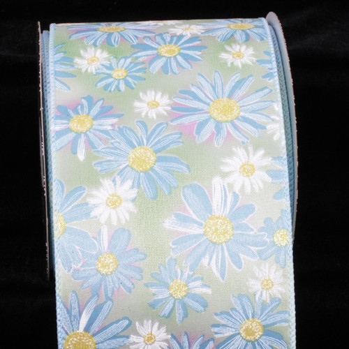 Green and Blue Floral Wired Craft Ribbon 4" x 20 Yards - IMAGE 1