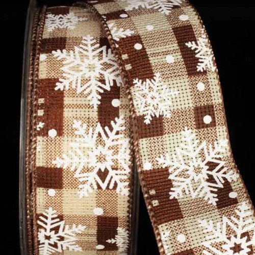 Beige and White Snowflakes Plaid Pattern Wired Craft Ribbon 1.5" x 40 Yards - IMAGE 1