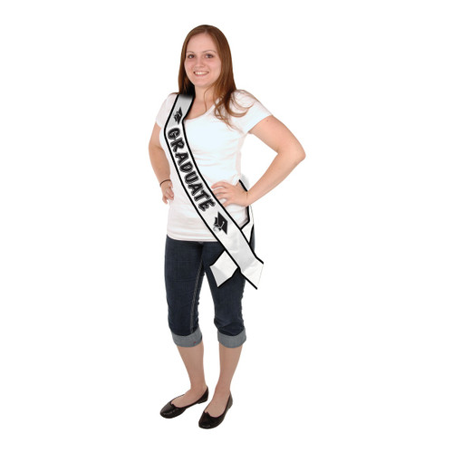 Club Pack of 6 Black and White Decorative Graduate Satin Sash 33" - IMAGE 1