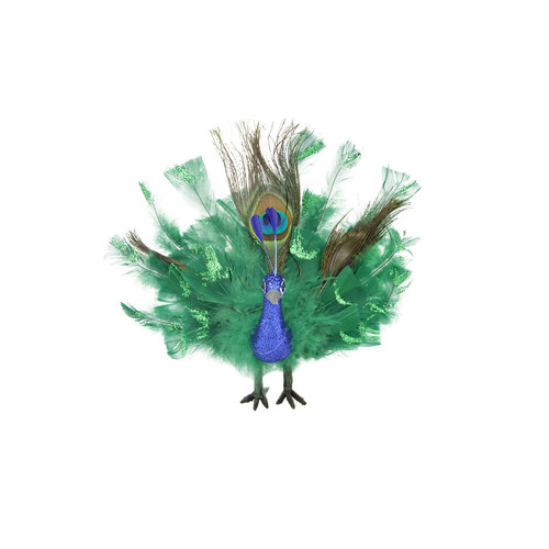 7" Colorful Green Regal Peacock Bird with Open Tail Feathers Christmas Decoration - IMAGE 1