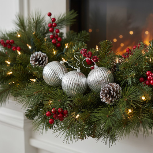 Lighted Ribbed Mercury Glass Finish Ball Christmas Ornaments - Silver - Clear Lights - Set of 3 - IMAGE 1