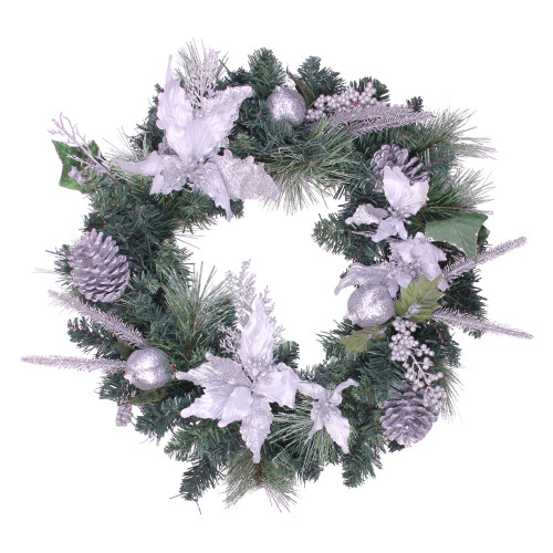 Glittered Poinsettia with Pine Cones Artificial Christmas Wreath - 24" - Unlit - IMAGE 1