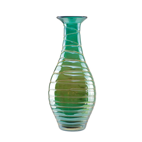 15.5" Teal Blue with Caramel Colored Swirls Hand Blown Decorative Glass Vase - IMAGE 1