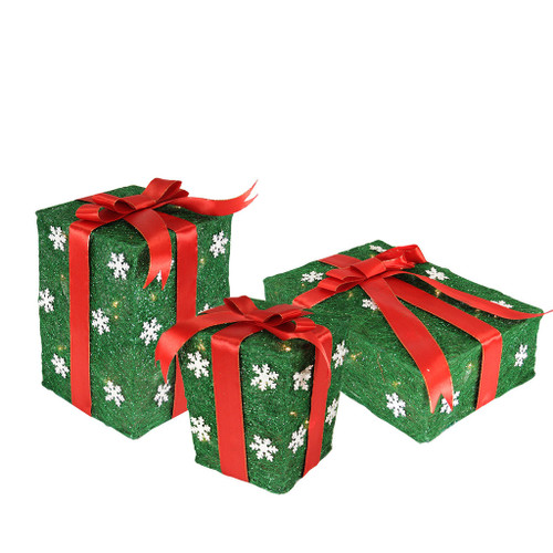 Set of 3 Lighted Green with Red Bows Gift Boxes Outdoor Christmas Decorations 13" - IMAGE 1