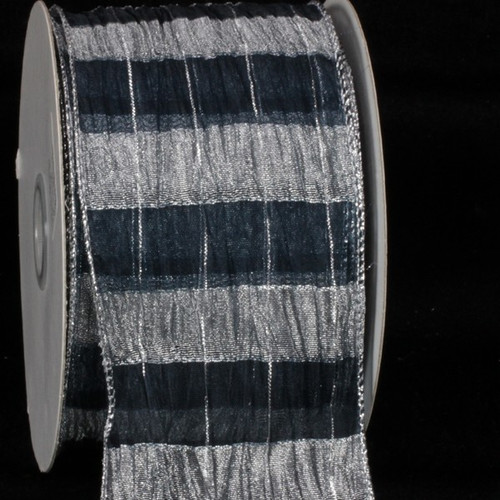 Navy Blue and Silver Sheer Isadora Plaid Wire Edged Craft Ribbon 3" x 20 Yards - IMAGE 1