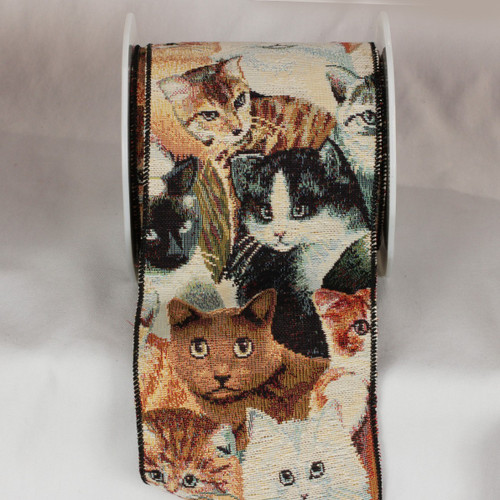 Brown and Gray Cat Tapestry Wired Craft Ribbon 5" x 9 Yards - IMAGE 1