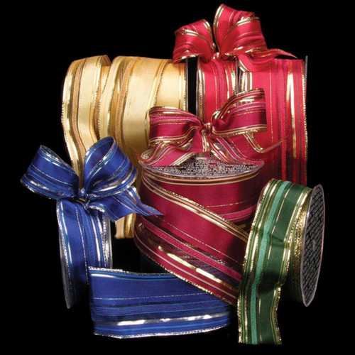 Burgundy and Gold Colored Elegant Lines Woven Wired Craft Ribbon 1.5" x 50 Yards - IMAGE 1