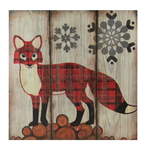 13.75" Alpine Chic Plaid Red Fox on Lumber with Snowflakes Wall Art Plaque - IMAGE 1