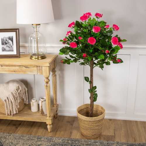 47" Potted Green and Pink Artificial Rose Tree - IMAGE 1