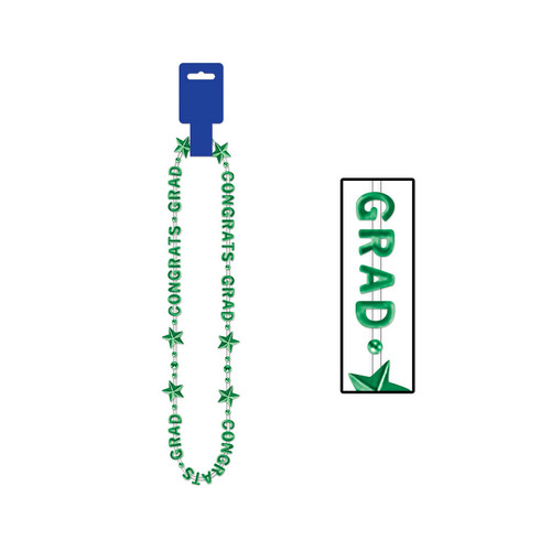 Club Pack of 12 Metallic Green Congrats Grad Party Bead Necklaces 36" - IMAGE 1