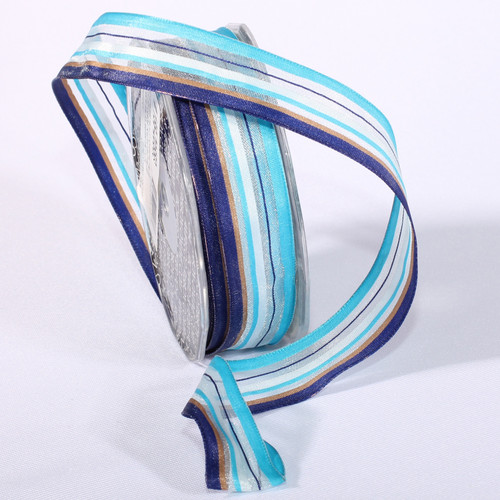 Blue and White Stripe Wired Craft Ribbon 0.75" x 108 Yards - IMAGE 1