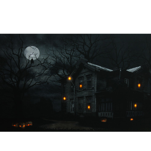 LED Lighted Moonlit Halloween House with Jack-O'-Lanterns Canvas Wall Art 15.75" x 19.5" - IMAGE 1