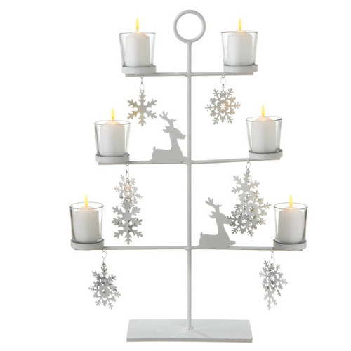 20.5" White Reindeer and Snowflakes Votive Candle Holder Tabletop Tree - IMAGE 1