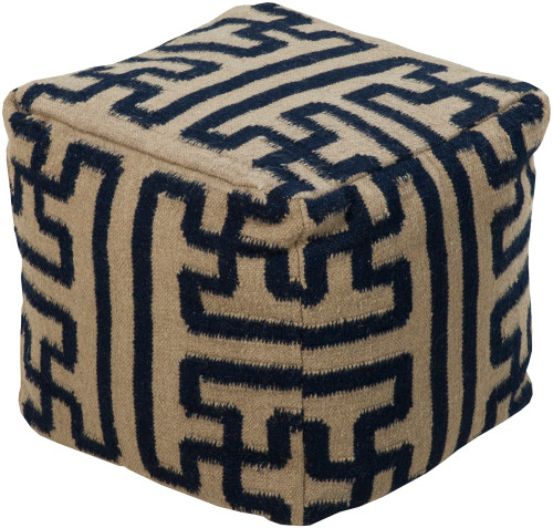 18" Navy Blue and Antique White Aztec Maze Wool Square Pouf Ottoman - IMAGE 1