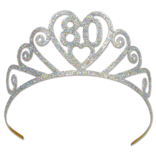 Club Pack of 6 Silver Glitter Encrusted Metal "80" Tiara Costume Accessories - IMAGE 1