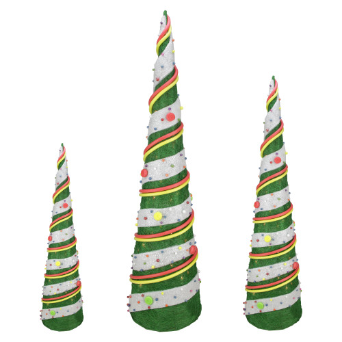 Set of 3 Green Sisal Candy Covered Cone Tree Lighted Christmas Outdoor Decorations 39" - IMAGE 1